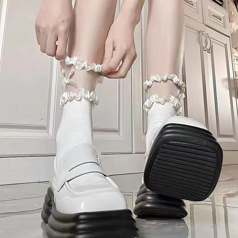 ถุงเท้าลูกไม้สีขาวสําหรับผู้หญิงหวานน่ารักโบว์โลลิต้าถุงเท้า