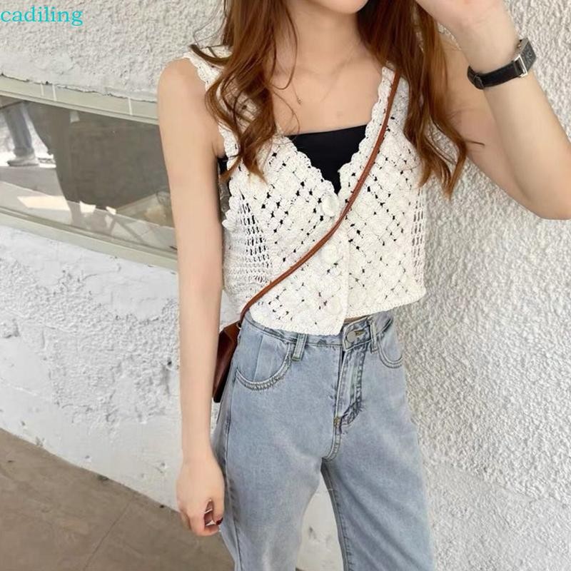 Cadiling Retro Hollow Vests เสื้อกั๊กฤดูร้อนถักแขนกุด Crop Tops สไตล์ฝรั่งเศส