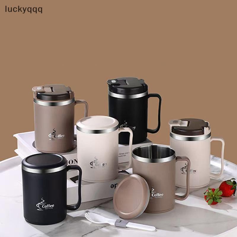 Luckyqqq ขวดน้ําฉนวนกันความร้อนสแตนเลสสองชั้นแก้วกาแฟถ้วยนมพร้อมฝาปิดพลาสติกและด้ามจับได้ดี