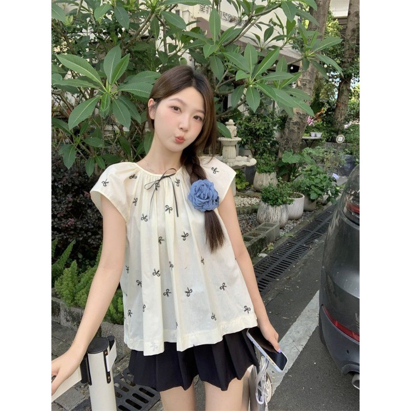 Mona~โบว์ แขนสั้น เสื้อเชิ้ต หลวม เวอร์ชั่นเกาหลี หวาน แฟชั่น