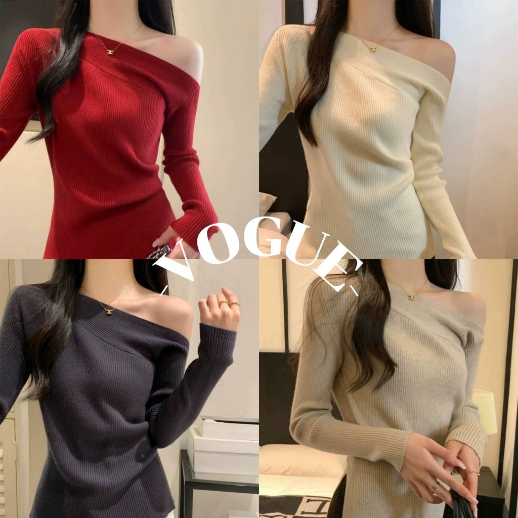 Vogue พร้อมส่ง เสื้อไหมพรมเปิดไหล่ แขนนยาว ผ้าร่องสีพื้น (Z-YT37)