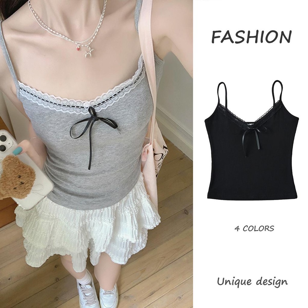 mimi&didi#เสื้อสายเดี่ยวไหมพรมแผ่นฟองน้ำในตัว เสื้อกล้ามผูกเชือกโบว์สำหรับสาวฮอตใน ทรงเข้ารูป น่ารักและเซ็กซี่#x537