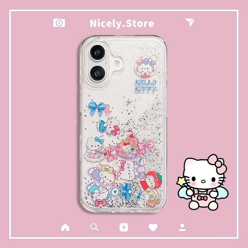 น่ารักการ์ตูน Bowknot Hello Kitty Slider Quicksand เคสโทรศัพท์สําหรับ iPhone 17 16 Plus 15 14 13 12 Pro Max 11 อะคริลิคกันกระแทกฝาหลังปลอก