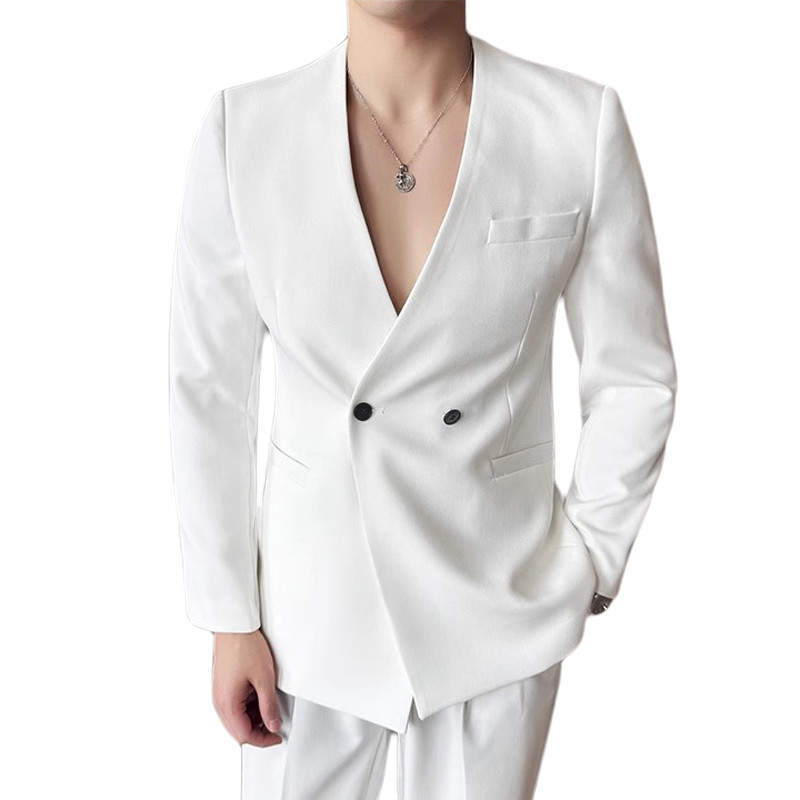นาย ผู้ชายเกาหลีลําลองสีทึบคอวีเสื้อแขนยาวบาง