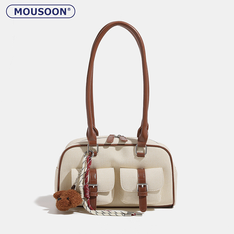 Mousoon Retro Beige หมอนสีน้ําตาลกระเป๋าบอสตันผู้หญิงใหม่ทํางาน Commuter กระเป๋าสะพายแบบพกพา