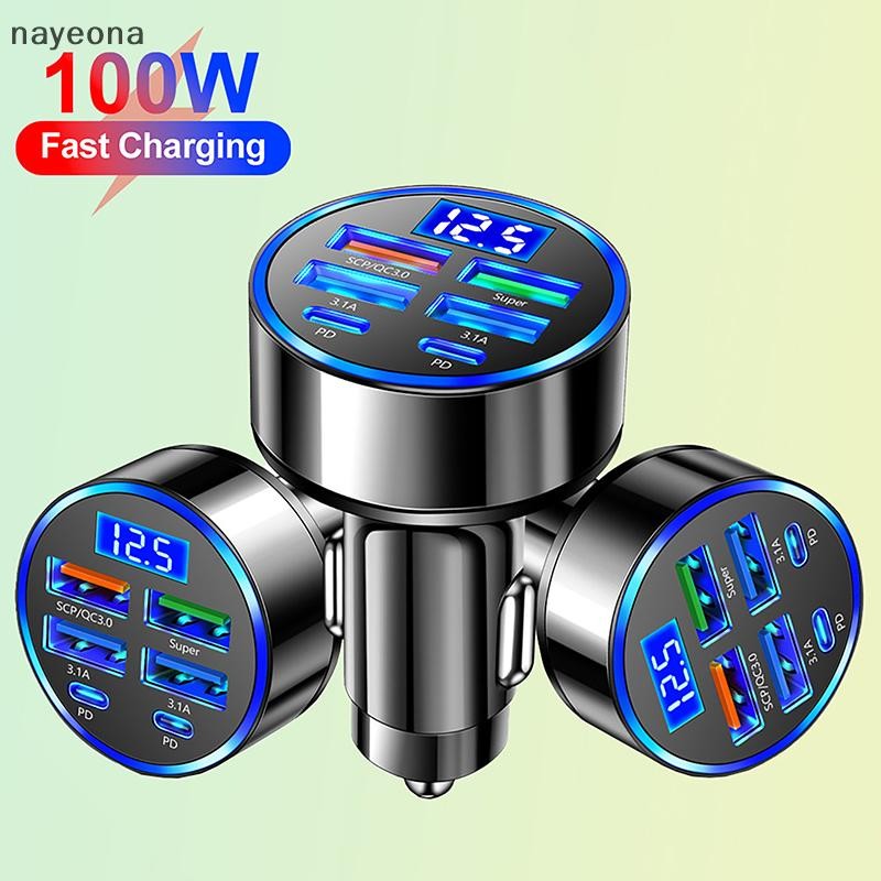 [NAY] 100w 6-Ports USB Type-C ที่ชาร์จแบตในรถพร้อมจอแสดงผลแรงดันไฟฟ้า PD Fast Charging Power Adapter สําหรับ Iphone Android โทรศัพท์สมาร์ทแท็บเล็ต EON
