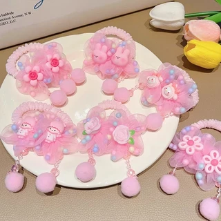 Dangle น่ารักดอกไม้สีชมพูผมผูกเชือกผม Scrunchies ยางผมหางม้าเครื่องประดับสําหรับเด็กเด็ก