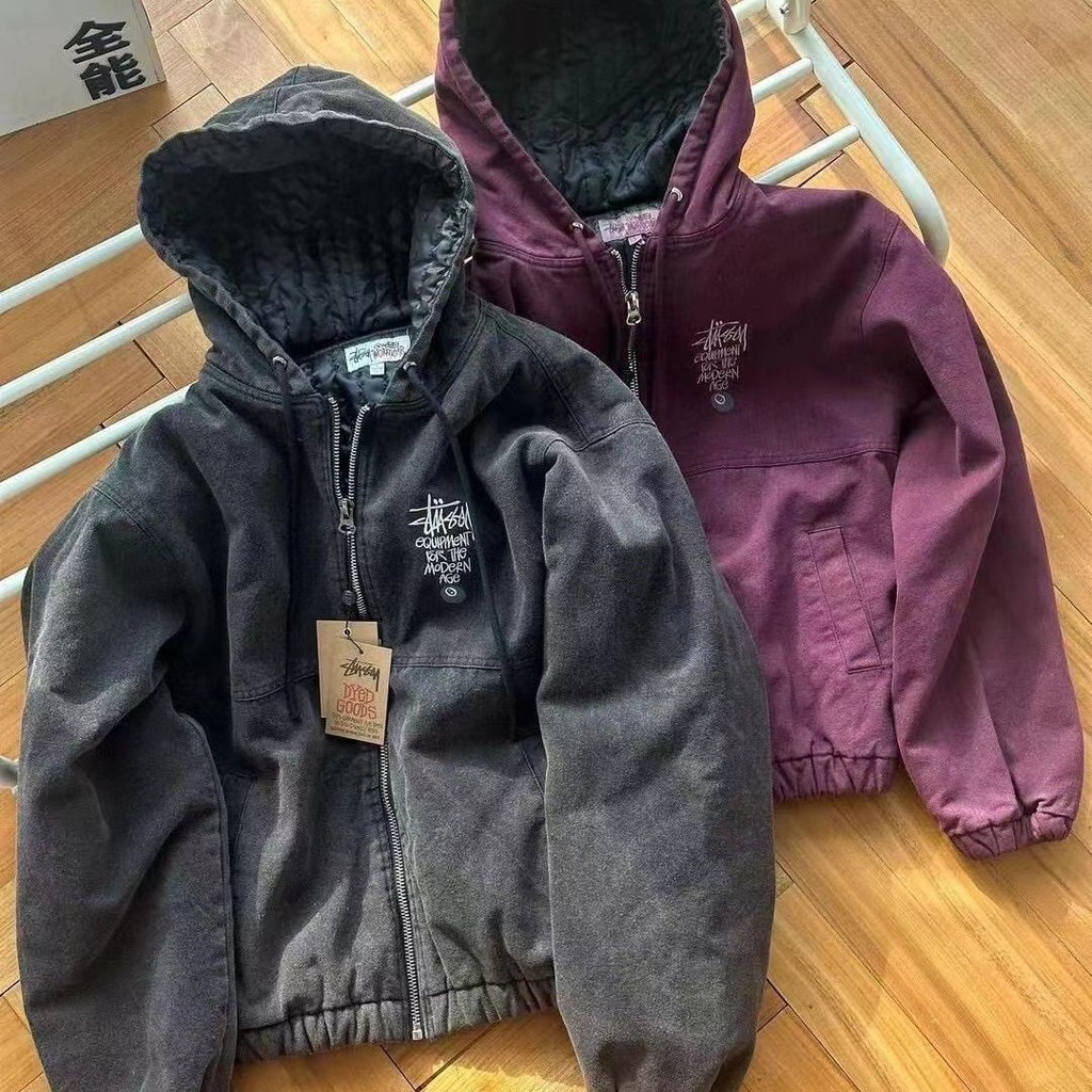 Stussy Mens Hooded Cotton หนาปักโลโก้ Retro Warm Jacket