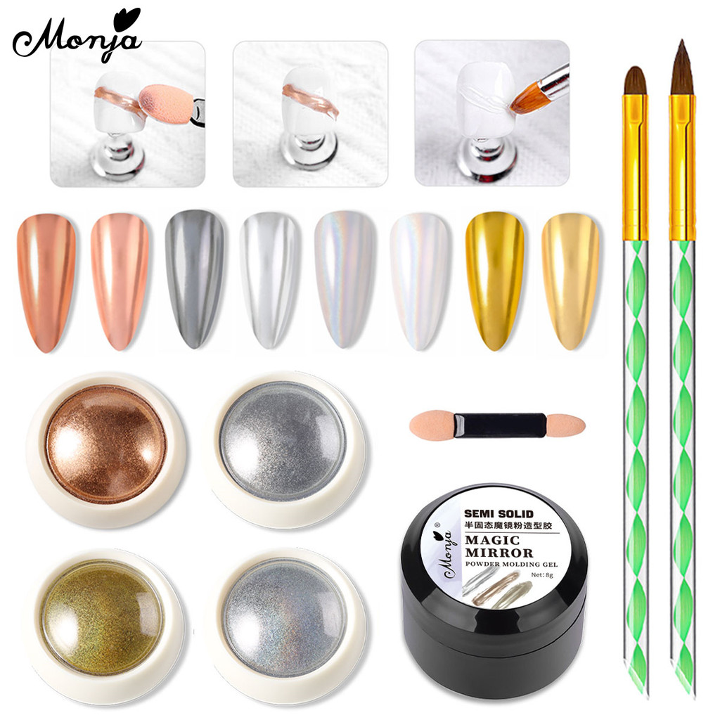 Monja 5 ชิ้น/เซ็ตเล็บชุด Mirror Powder Molding UV กาว 2 ชิ้นแปรงฟองน้ําเล็บออกแบบเครื่องมือ