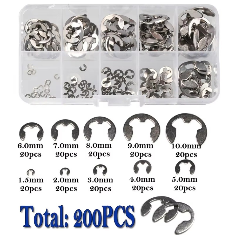 Urlwall 200/550pcs 1.5/2/3/4/5/6/7/8/9/10 มม.E-Clips แหวน Snap ยึด Circlip ชุดเครื่องมือสแตนเลสเหล็กคาร์บอน E ประเภทคลิป