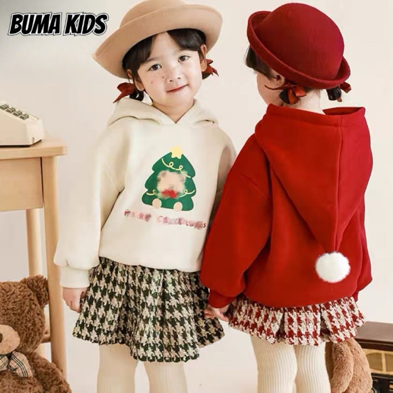 BUMA KIDS เสื้อกันหนาวคริสต์มาสเสื้อกันหนาวกำมะหยี่น่ารักสำหรับเด็กที่อบอุ่น