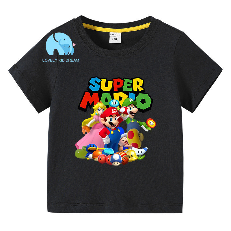 สไตล์ล่าสุด เสื้อพิมพ์ลายการ์ตูน Super Mario เสื้อยืดสีขาวชุดเด็กผู้ชาย ผ้าเจอร์ซี่ สำหรับเด็กหญิงและเด็กชาย