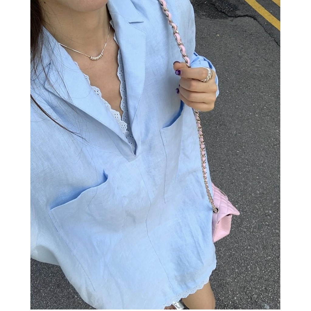 mimi&didi#เสื้อเชิ้ตยาวปานกลางคอวีขนาดใหญ่ประดับด้วยลูกไม้ แขนยาว สีชมพู แฟชั่น เสื้อเชิ้ตที่หรูหราและเป็นผู้หญิง#W520