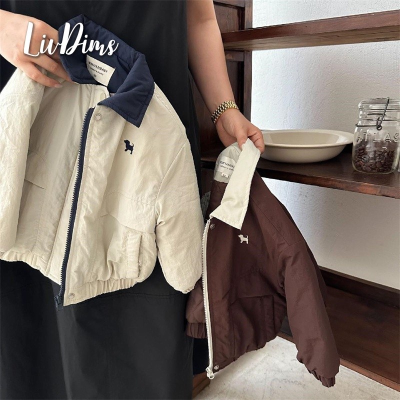 Liv Dims เสื้อผ้าฝ้ายแฟชั่นเด็ก, เสื้อแจ็คเก็ตเบสบอลการ์ตูนลูกสุนัข
