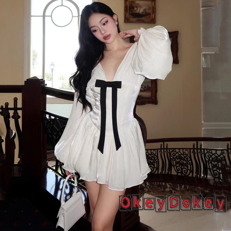 Okdk-ผู้หญิงแขนยาว A-Line Casual น่ารักโบว์คอวีลึก Mini Party Dress – โปรปัง