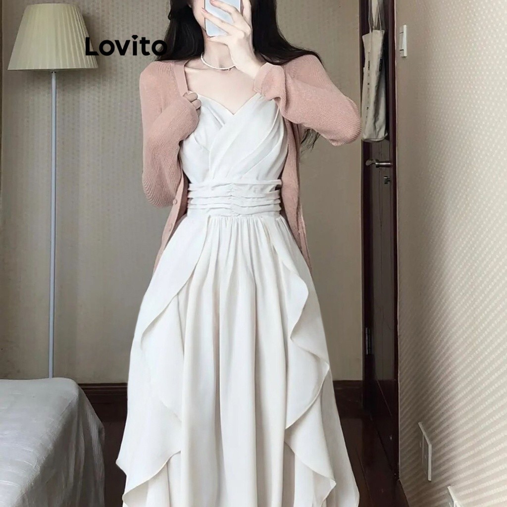 Lovito ชุดเดรสลำลอง สีพื้น แต่งซิป สำหรับผู้หญิง LNA19103 (สีขาว)