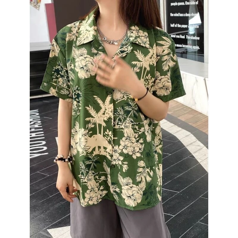 เสื้อเชิ้ตผู้หญิงแขนสั้นสไตล์ฮาวาย ลายดอกสีน้ำเงินม่วง thumbnail 6