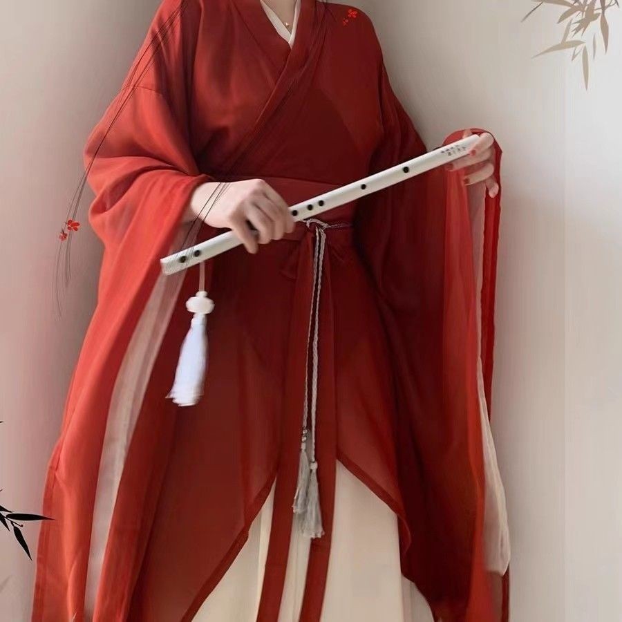 ฤดูใบไม้ผลิใหม่สไตล์ใหม่สีแดง Original North-South Dynasty Recovery สไตล์ Wei Jin Hanfu เสื้อแขนใหญ่ข้ามปกผ้ากันเปื้อนรูปทรงพิเศษกระโปรงหักรุ่นปรับปรุง Hanfu สไตล์จีนผู้หญิง Niche Retro - รูปที่ 4