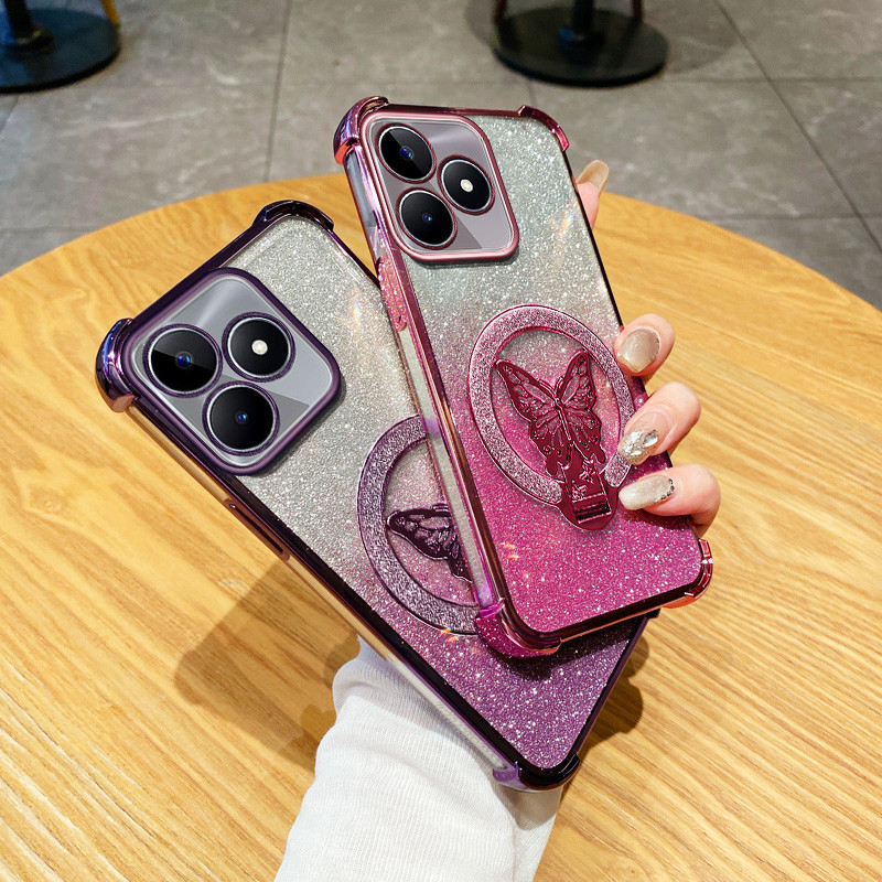 เคสสําหรับOppo Realme C53 C51 C63 C61 4G Narzo N53 N63 N61 Realmeหมายเหตุ50 60Xผีเสื้อใหม่รอบวงเล็บGlitterแป้งออกแบบใหม่เคสโทรศัพท์SJNSDDR