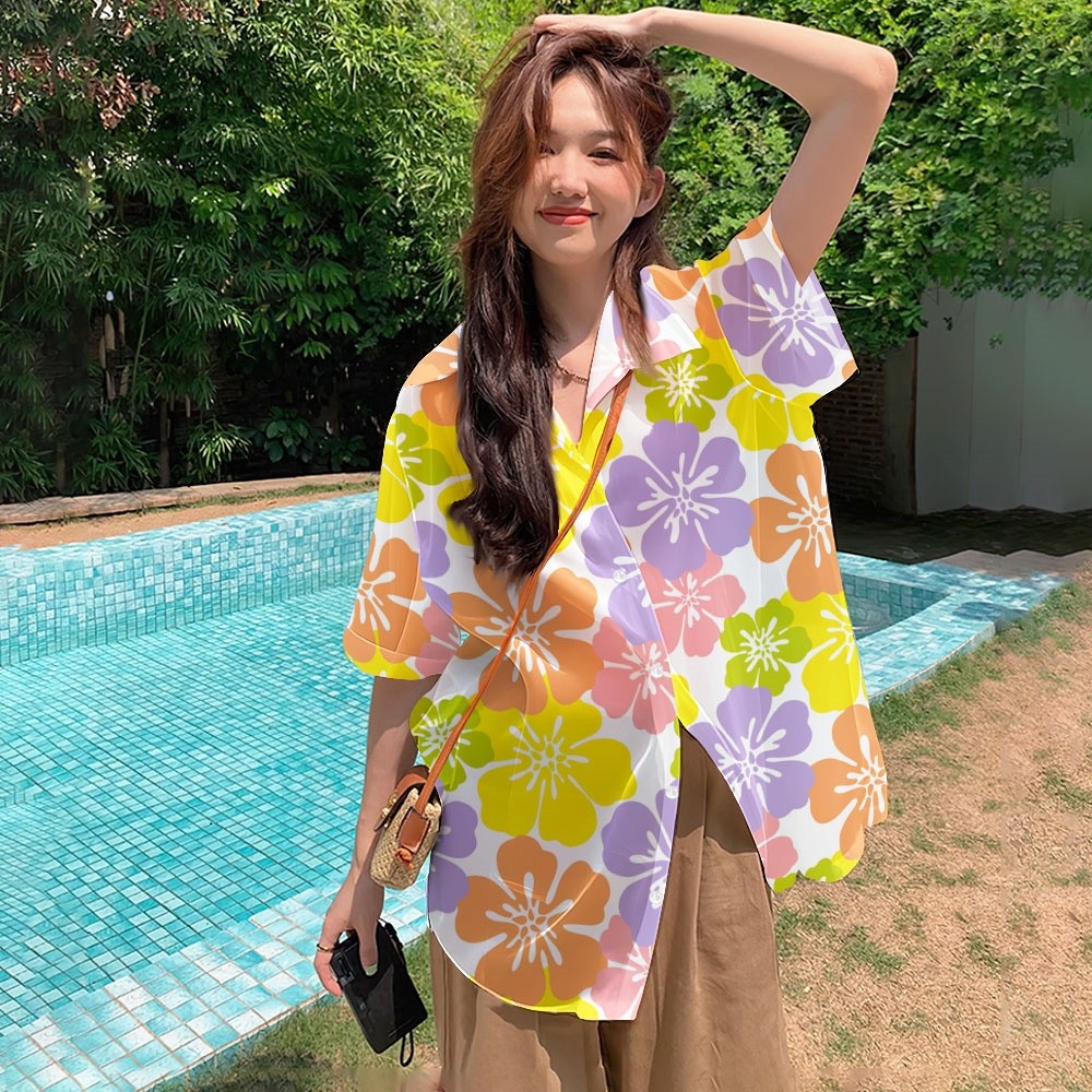 2568 Happy Water-Repellent เสื้อชีฟองเกาหลี Water-Repellent เสื้อแขนสั้นผู้หญิงฤดูร้อนดอกไม้พิมพ์ Sun Protection Robe เสื้อผ้าวันหยุดสาว Street เสื้อผ้า