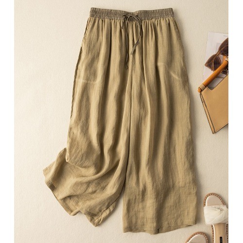 ผ้าฝ้ายลินินชั้นเดียวกางเกงขากว้างผู้หญิงขนาดใหญ่สีตัดกันเอวยางยืดลูกไม้ขึ้นทุกการแข่งขันตรงสบายๆ Ank