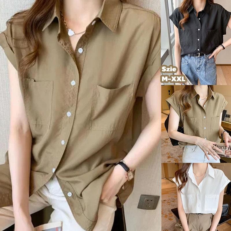 Mimi&Didi#เสื้อกั๊กแขนกุด เสื้อเชิ้ตแฟชั่นย้อนยุคฤดูร้อน สีพื้น หลวม ดีไซน์เกาหลี ปกบาง เรียบง่าย สำหรับผู้หญิง#W589