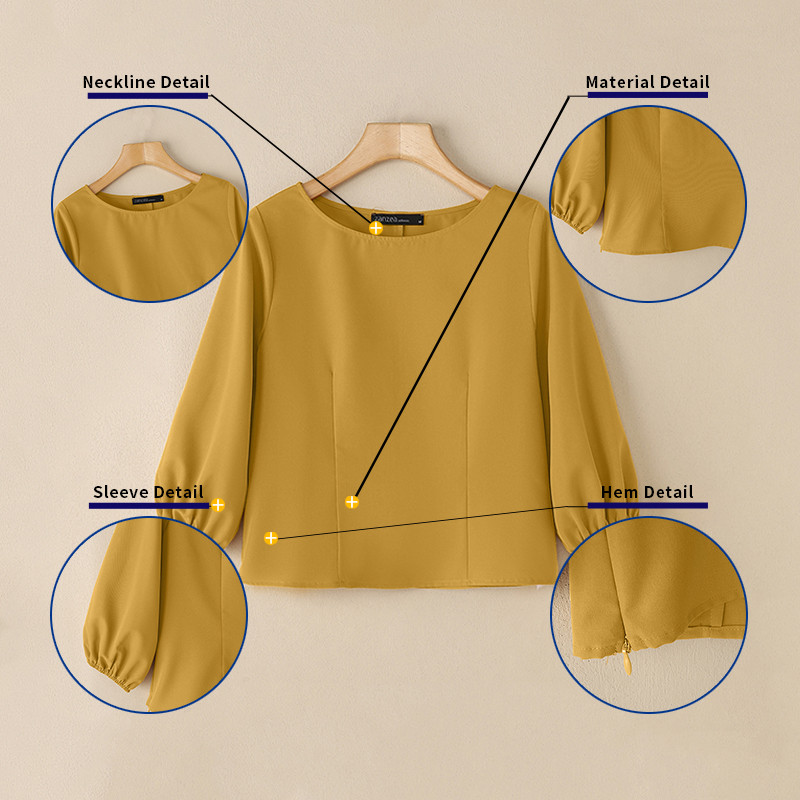 ZANZEA ใส่ ซานเซีย ผู้หญิงลําลองเรือคอกลับซิปพัฟ3/4แขนเสื้อ — صورة 7