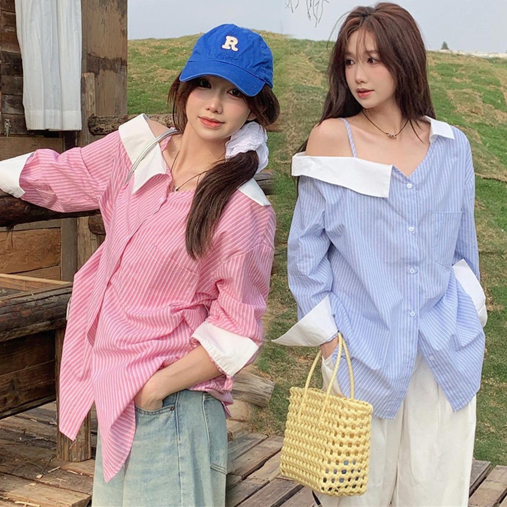 Grace 🌻 เสื้อเชิ้ตลายทางแขนยาว เปิดไหล่ (สายเดี่ยว) สวยน่ารัก ใส่สบาย รุ่น 99056 (ขนาดเดียว)