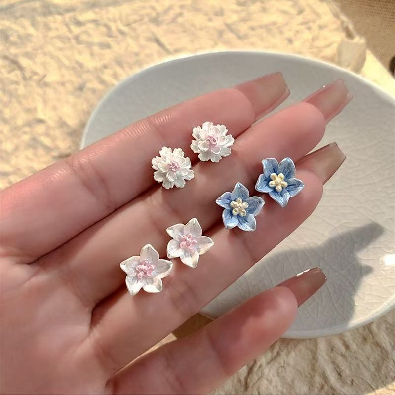 ต่างหูดอกเคมีเลียสีน้ําเงิน/ขาว หญิงฤดูร้อน ใหม่ โมริ หวาน อิน ต่างหู