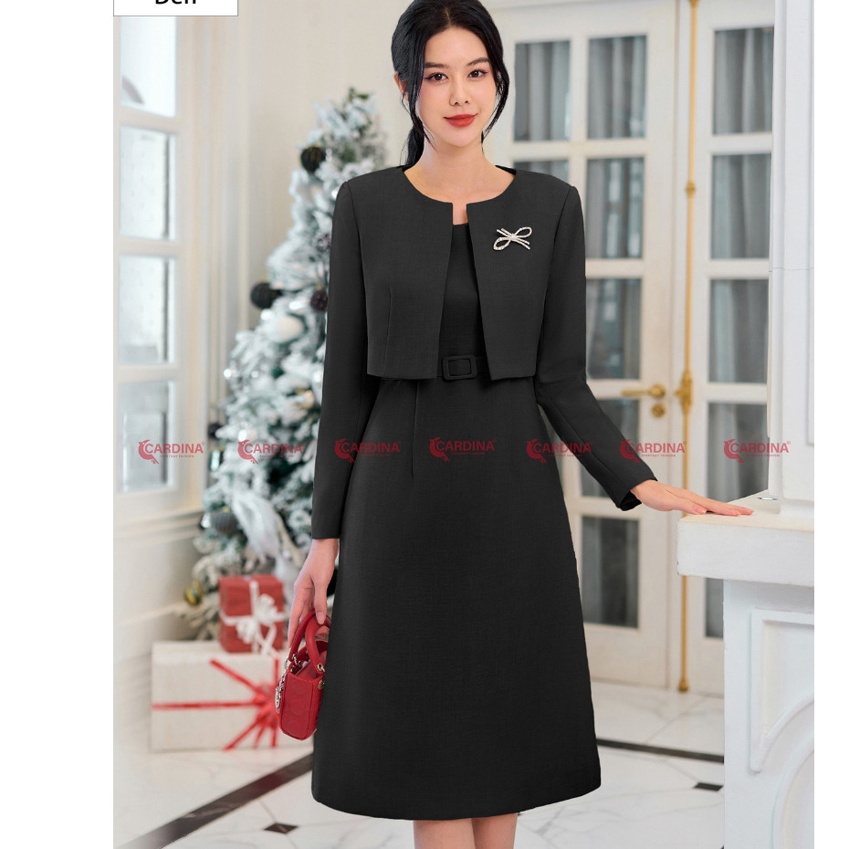 CARDINA ชุดเสื้อกั๊กผ้าทวีตในสํานักงาน, เสื้อคอปกนางแอ่น, อ่อนเยาว์, กระโปรงทรงเอเรียบหรู 3SVA05