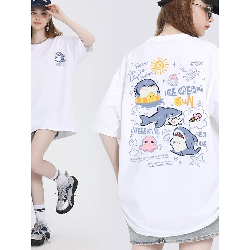 เสื้อยืดผู้หญิงแขนสั้นสีขาวพิมพ์ลายวาดมือ ไซส์เล็ก ทรงหลวม แขนสั้น เทรนด์เสื้อยืดดีไซน์ใหม่ปี 2025