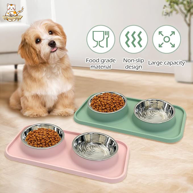 🔥คุณภาพสูง 🔥ชามสแตนเลส 2 หลุม ชามอาหารแมว 3 สี ชามอาหารสัตว์เลี้ยง ถ้วยอาหารสุนัข