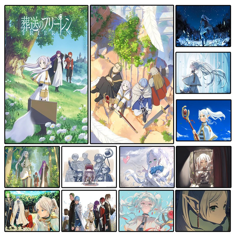 อะนิเมะญี่ปุ่นการ์ตูน Wall Art โปสเตอร์ Frieren Beyond Journeys End HD ผ้าใบภาพวาดห้องนั่งเล่นภายในตกแต่งบ้านวอลล์เปเปอร์