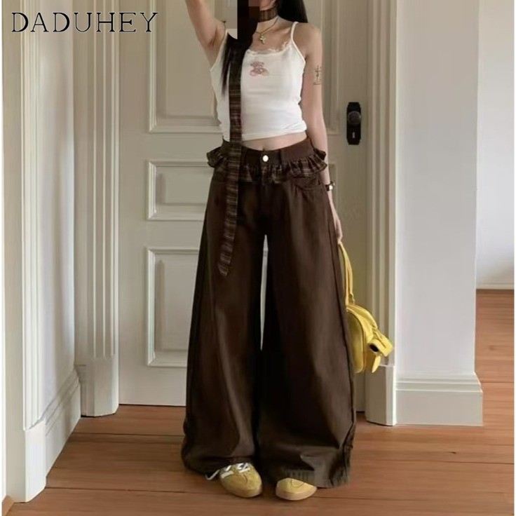 DaDuHey Summer New Loose Wide-Leg Pants Women 2026 Retro High Waist Fashion Brown Plaid Straight Jeans