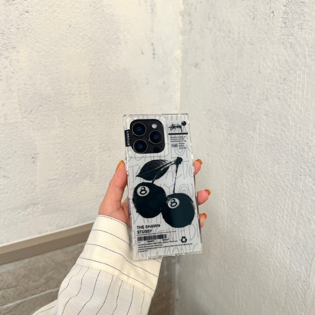 Street Classic stussysy สีดําแปด Cherry Square เลเซอร์อะคริลิค IMD เคสโทรศัพท์เหมาะสําหรับ iPhone 15 14 14Pro 14Max 13ProMax 13