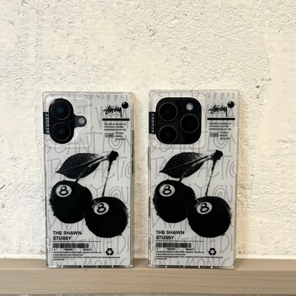 Street Classic stussysy สีดําแปด Cherry Square เลเซอร์อะคริลิค IMD เคสโทรศัพท์เหมาะสําหรับ iPhone 15 14 14Pro 14Max 13ProMax 13