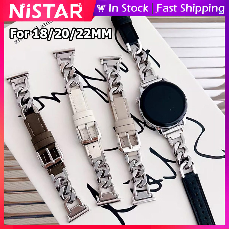 NiSTAR 18 มม.20 มม.22 มม.หนังแท้ + สายรัดข้อมือโซ่โลหะสําหรับ HUAWEI สมาร์ทวอท์ช GT 6 5 4 3 2 Pro,ใหม่ creative slim breathable สําหรับ Samsung Galaxy Watch 7 6 5 Pro 4