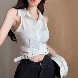(ส่งจากกรุงเทพฯ)เสื้อแขนกุดสำหรับผู้หญิง เสื้อเชิ้ตเอวเว้า มีกระดุม สีพื้น เซ็กซี่เบาๆ ทรงสวย สไตล์ลำลอง(สีขาว+สีดำ)
