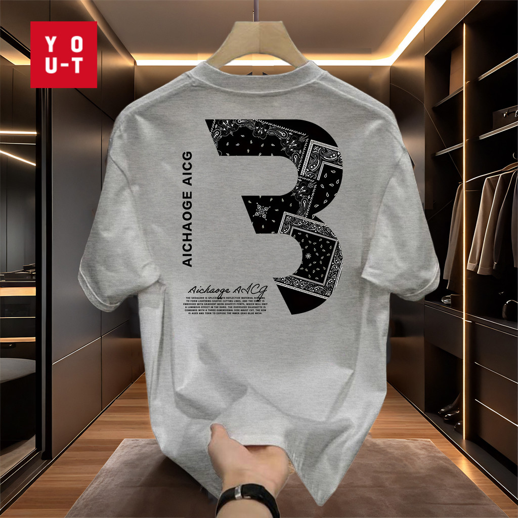 Y-T เสื้อแขนสั้นหลวมๆ "AICHAOGE B"เสื้อพิมพ์ลาย ฝ้าย 100% อเมริกันย้อนยุค สวมใส่สบาย Unisex OVERSIZE S-4XL