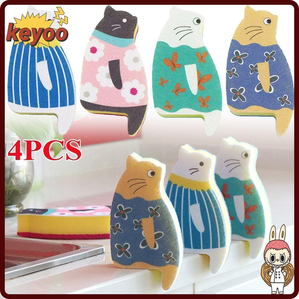 KEYOOL 4 ชิ้นฟองน้ําล้างจานในครัวเรือน Cats Claw การ์ตูนทําความสะอาด Rag