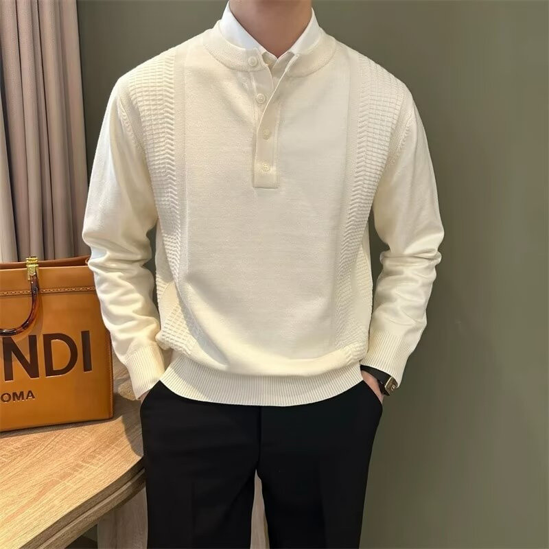 Paul FITZGERALD เสื้อสเวตเตอร์สีทึบปุ่มผู้ชายสไตล์เกาหลีเรียบง่ายอเนกประสงค์ jacquard bottoming เสื้อ