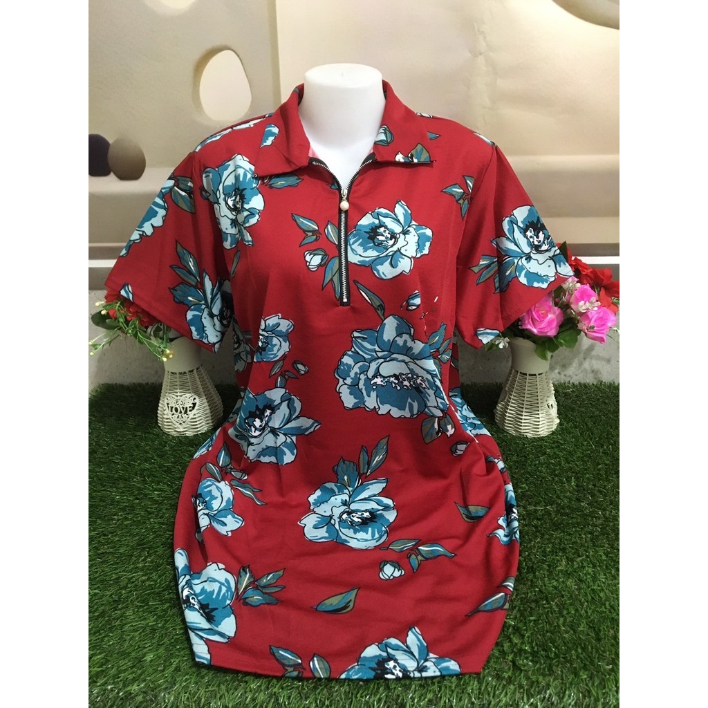 เสื้อผ้าวัยกลางคนสาวอวบ เสื้อยืดผู้หญิง รอบอก 46-50 นิ้ว ลายดอก แต่งซิป รุ่น 4052