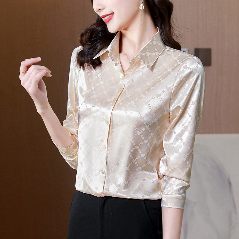 Silky Drape เสื้อซาตินผู้หญิงแฟชั่น All-Match แขนยาวอารมณ์เสื้อฤดูใบไม้ผลิฤดูใบไม้ร่วงสุภาพสตรีด้านบน