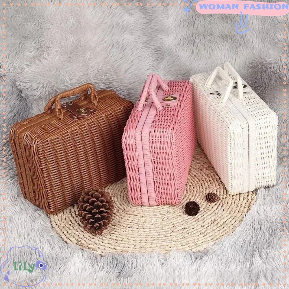 Lily ทอตะกร้าหวาย, Retro Straw หวาย-like Finishing กล่อง, พร้อมกล่องของขวัญมือตกแต่ง Props กระเป๋าเดินทางกล่องเก็บเครื่องสําอาง