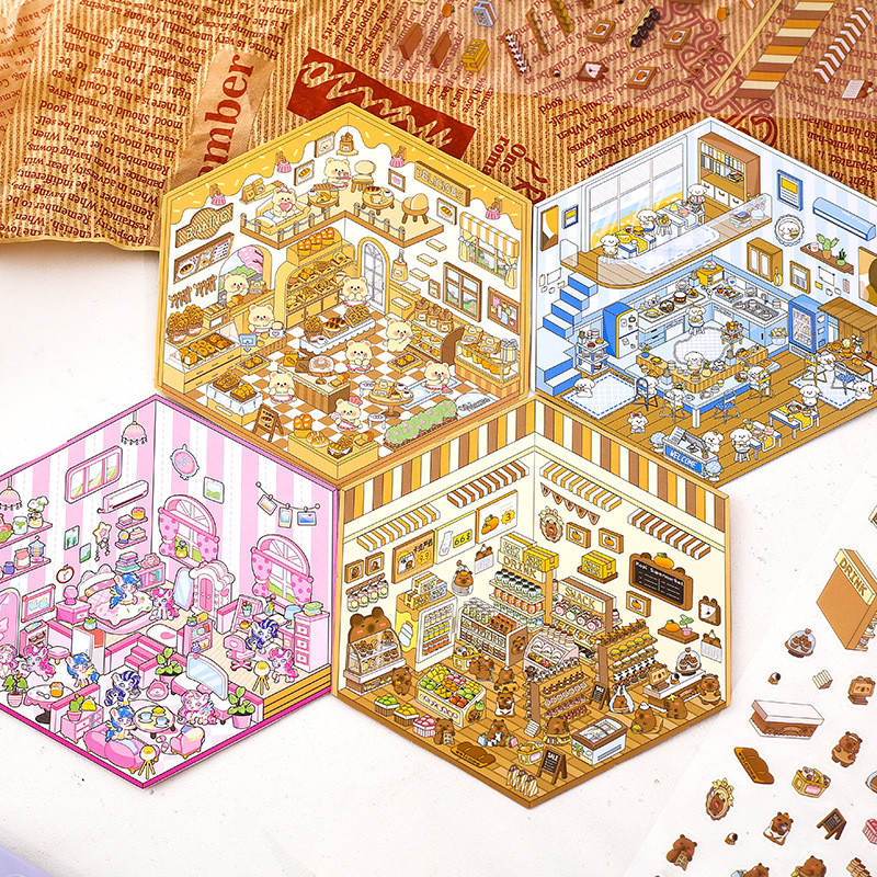 2 ชิ้นการ์ตูนเก็บสติกเกอร์ภูมิทัศน์ 3D สามมิติ Hut Storage House สติกเกอร์ Collage ภูมิทัศน์ Handmade DIY สติกเกอร์ตกแต่ง