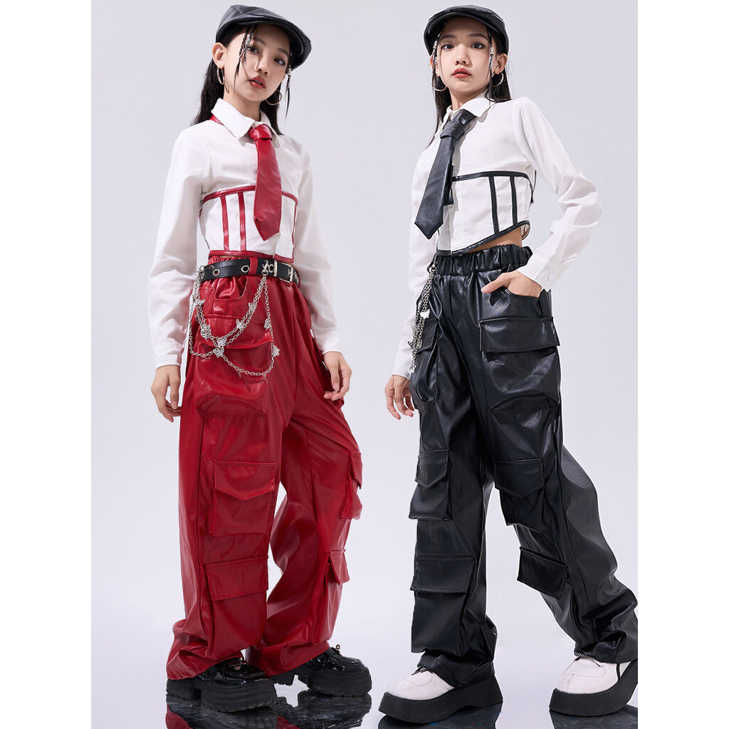 พร้อมส่ง ชุดเต้น เซ็ต เสื้้อ+กางเกงขายาว คาร์โก้ หนัง สไตล์ Y2K