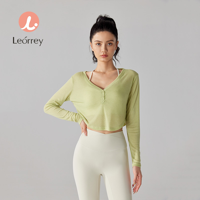 Leorrey-เสื้อกีฬาฟิตเนสแขนยาวโยคะน้ำหนักเบา เสื้อครอปยิม เสื้อวิ่ง