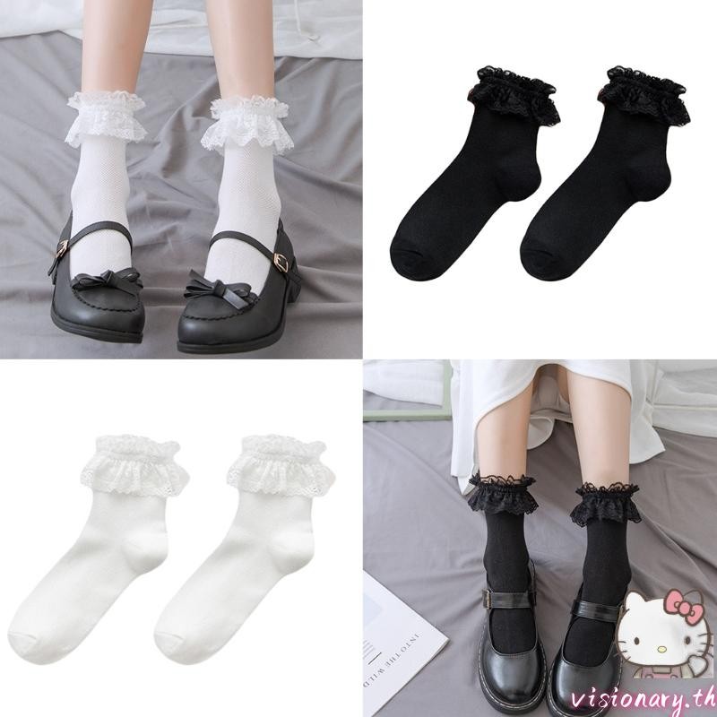 Vision ผู้หญิงสาวหวาน Ruffle Frilly ลูกไม้สั้นลูกเรือถุงเท้า Lolita ตาข่าย Hosiery