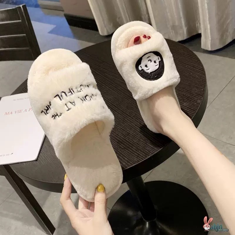 รองเท้าใส่ในบ้าน ขนยาวรองเท้าแตะแฟชั่นบ้าน รองเท้าแตะขนนุ่มแต่งลายพื้นกันลื่น