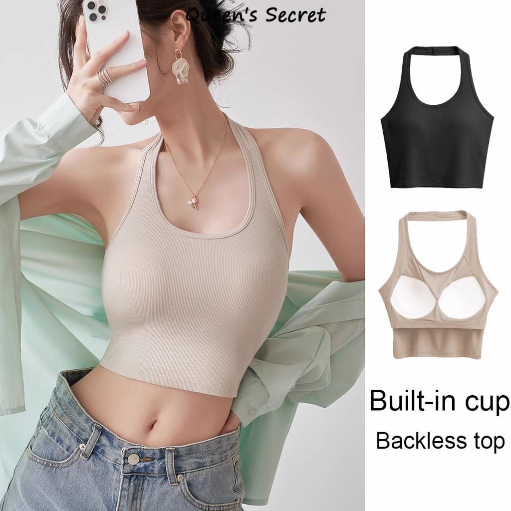 [Queen Secret] เสื้อกล้ามเชือกแขวนคอวินเทจพร้อมแผ่นรองหน้าอกเสื้อครอปเปลือยคอยูเกลียว